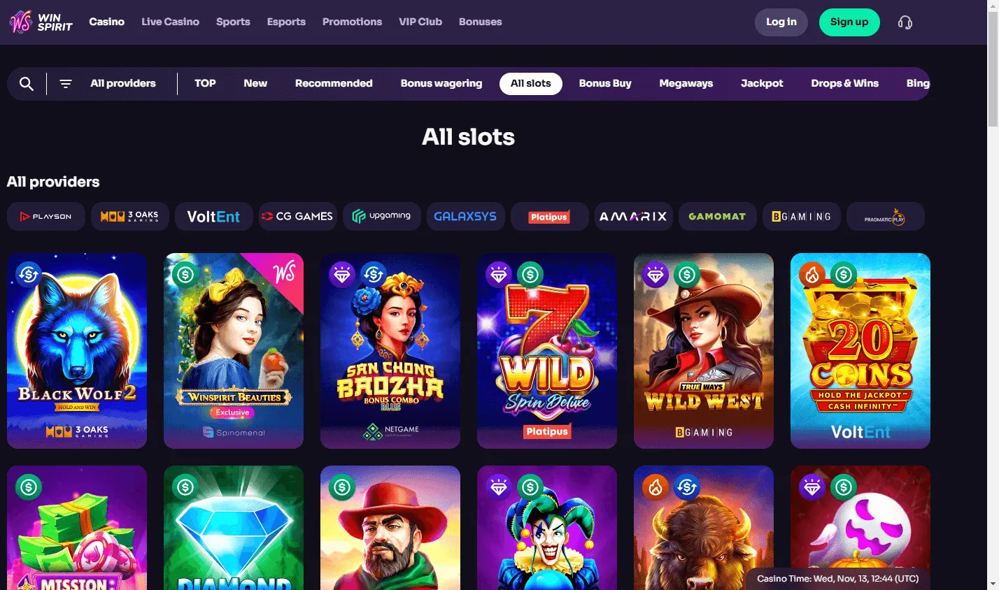 Winspirit Casino desktop games interface