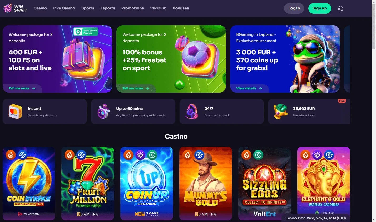 Winspirit Casino desktop home interface