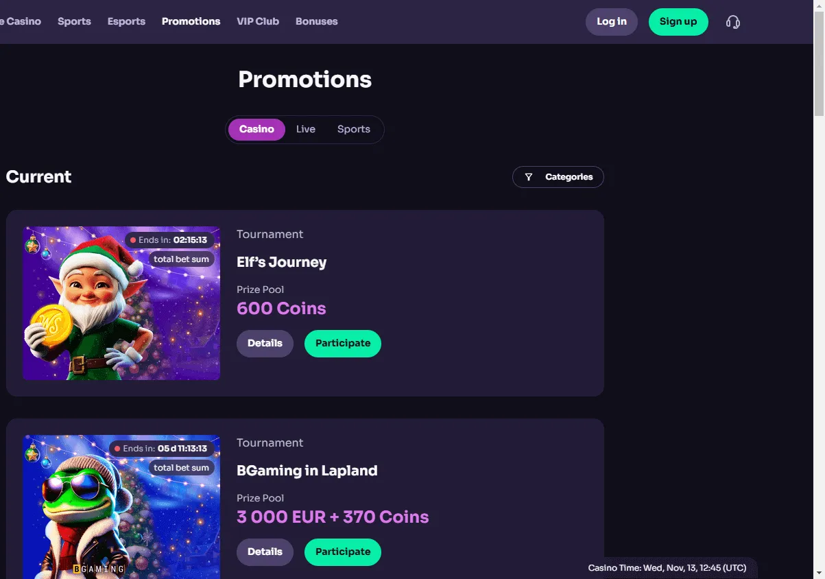 Winspirit Casino desktop promotions interface