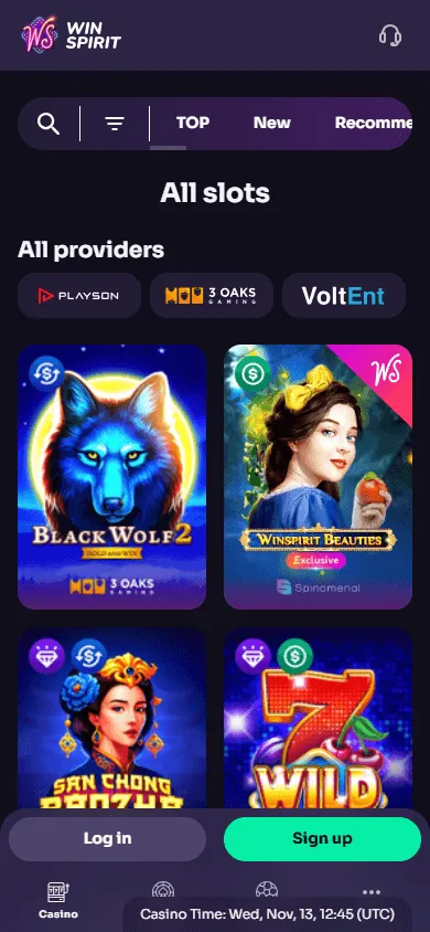 Winspirit Casino mobile games interface