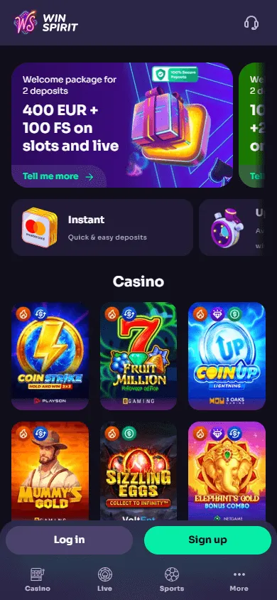 Winspirit Casino mobile home interface